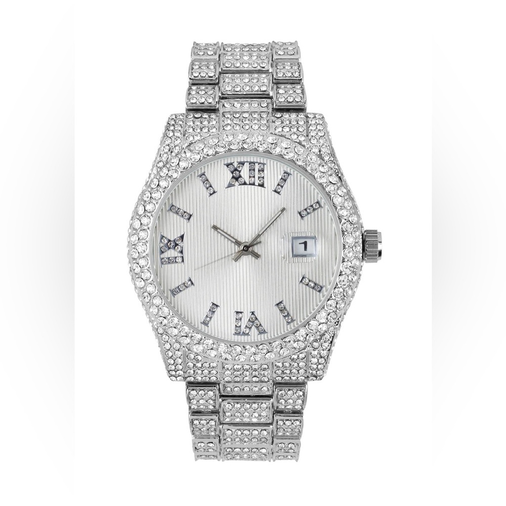 TECHNO MICRO ICED OUT PAVE WHITE GOLD GP DATE & ROMAN NUMERAL BEZEL NEW BOX !!